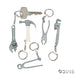 Keychain set featuring miniature silver-colored tools, including a wrench, hammer, pliers, and pipe wrench, all attached to small key rings.