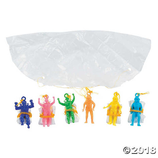 Set of six plastic parachute toy figures in assorted colors. The figures are blue, pink, green, orange, yellow, and light blue, each attached to a white parachute with yellow strings.