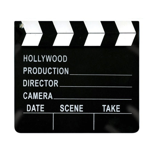 Black and white Hollywood-style movie clapperboard with blank spaces labeled for production, director, camera, date, scene, and take.