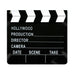 Black and white Hollywood-style movie clapperboard with blank spaces labeled for production, director, camera, date, scene, and take.