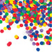 Colorful round confetti pieces in red, yellow, green, blue, and purple scattered on a white surface.