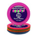 Package of Party Essentials Brights 6-inch party plates, set of 20 in assorted vibrant colors including pink, orange, green, and blue.