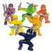 Set of six small plastic ninja figurines in various poses, each holding different silver weapons. The ninjas are in assorted colors: purple, yellow, green, orange, black, and gold.