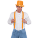 Man wearing bright orange suspenders over a white button-down shirt and blue jeans. The suspenders feature silver clips attaching to the waistband and adjustable straps for a secure fit, suitable for costumes, formalwear, or fashion accessories.