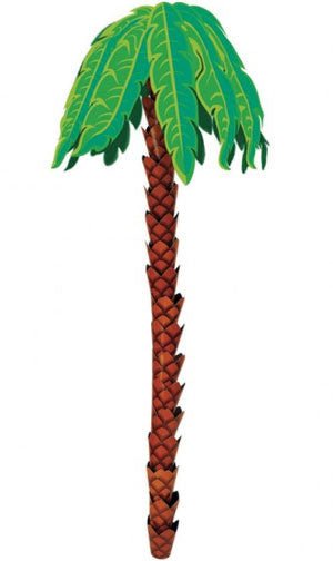 A tall paper palm tree with a textured brown trunk and layered green leaves at the top, set against a white background.