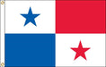 Rectangular flag divided into four equal rectangles. The top left is white with a blue five-pointed star, the top right is solid red, the bottom left is solid blue, and the bottom right is white with a red five-pointed star. The flag has two brass grommets on the hoist side.
