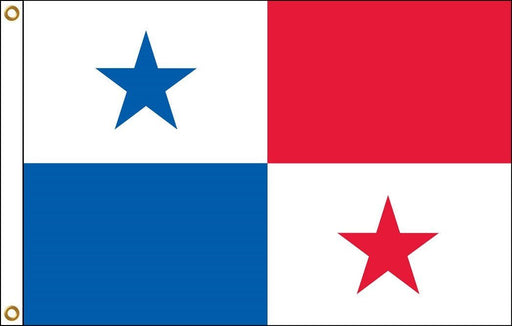 Rectangular flag divided into four equal rectangles. The top left is white with a blue five-pointed star, the top right is solid red, the bottom left is solid blue, and the bottom right is white with a red five-pointed star. The flag has two brass grommets on the hoist side.
