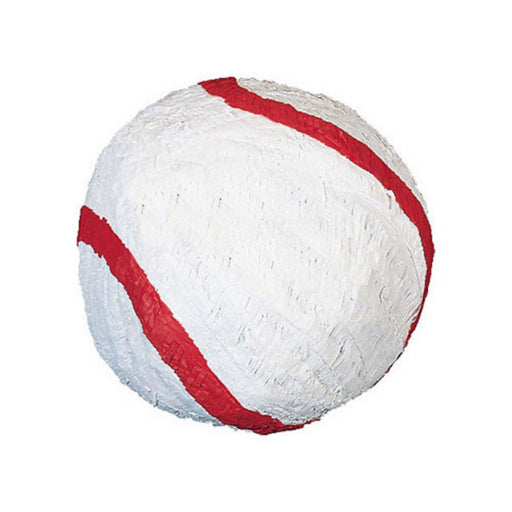 Baseball-shaped piñata covered in white crepe paper with two curved red lines representing stitching.
