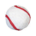 Baseball-shaped piñata covered in white crepe paper with two curved red lines representing stitching.