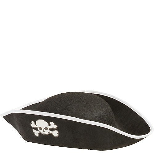 Black pirate hat with white trim featuring a white skull and crossbones design on the front.