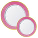 Round Premium Plastic Dinner & Dessert Plates with Bright Pink & Gold Border | 20 pcs - Zurchers