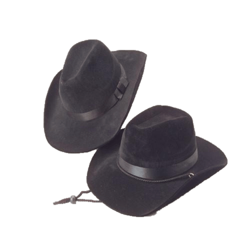 Two black felt cowboy hats with wide brims and indented crowns. Each hat is accented with a black band around the base of the crown, one featuring a decorative ribbon detail and the other with a chin cord for secure wear. These hats have a classic Western style, suitable for costumes or themed events.