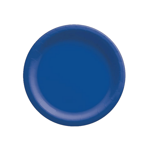 Blue round disposable paper plate with a slightly raised rim, displayed on a transparent background.