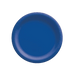Blue round disposable paper plate with a slightly raised rim, displayed on a transparent background.