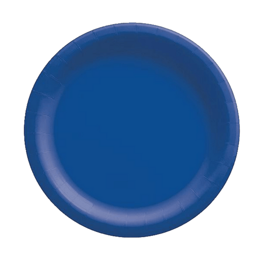 Blue round disposable paper plate with a slightly raised rim, displayed on a transparent background.