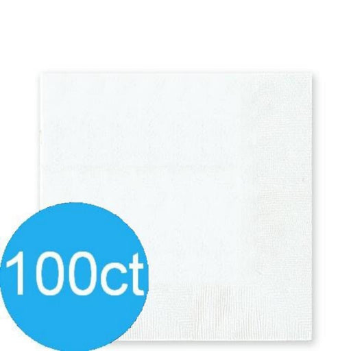 Stack of plain white paper napkins with a smooth surface and subtle embossed edge, shown with a blue circle label in the corner indicating quantity – simple and versatile disposable napkins ideal for parties, catering, and everyday use.