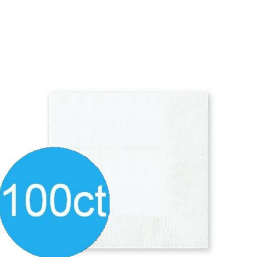 Stack of plain white paper napkins with a smooth surface and subtle embossed edge, shown with a blue circle label in the corner indicating quantity – simple and versatile disposable napkins ideal for parties, catering, and everyday use.