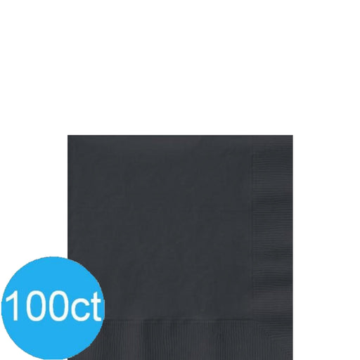 Black paper napkin folded into a square with an embossed border, partially overlaid by a blue circle displaying '100ct' in white text.