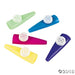 Set of five colorful plastic kazoos arranged on a white background. Each kazoo features a round white resonator cap on top and comes in different colors: light green, blue, purple, yellow, and magenta.
