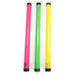 Three long neon-colored inflatable sticks standing upright in a row, one pink, one green, and one yellow, each capped with black ends.