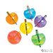 Set of six translucent plastic spinning tops in assorted vibrant colors—orange, blue, purple, red, yellow, and green—each embedded with glitter for added sparkle. These lightweight tops feature matching central stems and are designed for twirling fun on flat surfaces, perfect for party favors or playtime entertainment.