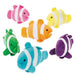 Six colorful plush clownfish toys arranged in a group. Each fish has white stripes across its body. The colors include pink, orange, yellow, green, blue, and purple.