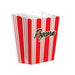 Red and white striped popcorn box with a scalloped top edge and the word 'Popcorn' printed in black script on the front.
