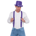 Man wearing vibrant purple suspenders over a white button-down shirt and blue jeans. The suspenders feature silver clips attaching to the waistband and adjustable straps for a secure fit, suitable for costumes, formalwear, or fashion accessories.