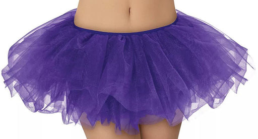 A bright purple adult-sized tutu made of layered tulle fabric. The tutu has an elastic waistband for a snug fit and features a short, fluffy, and playful design, commonly worn for costumes, dance performances, fun runs, or themed parties.