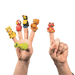 Set of small colorful finger puppet toys worn on children’s hands. The puppets include animals and characters in yellow, red, black-and-yellow, orange, green, and red with yellow accents.