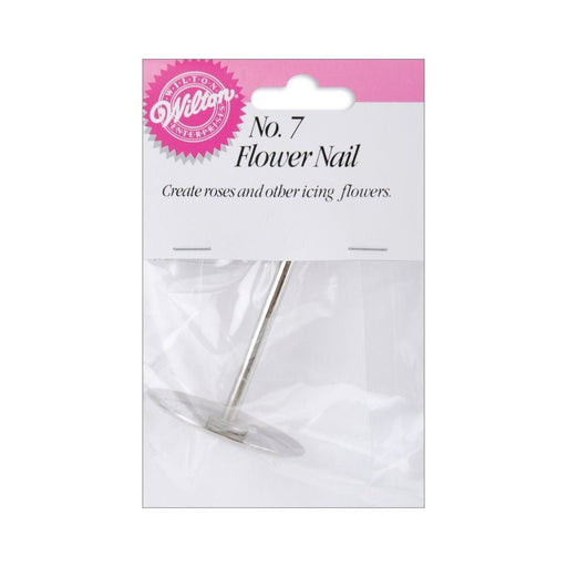 Wilton No. 7 Flower Nail in retail packaging, featuring a metal flat-topped nail used to create roses and other icing flowers for cake decorating.