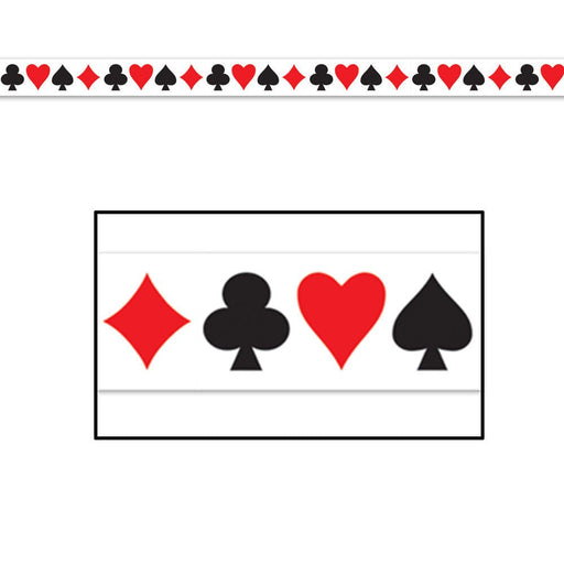Decorative party trim featuring a repeating pattern of red diamonds and hearts, and black clubs and spades, representing the four classic playing card suits on a white background.