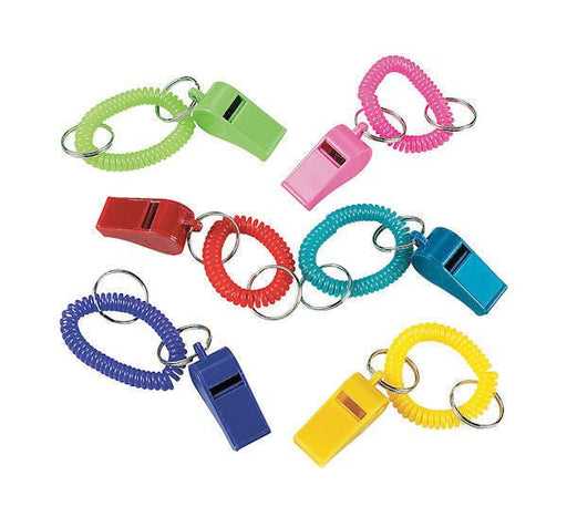 Assorted colorful plastic whistles with matching coiled wristbands and metal keyrings. The set features vibrant colors including green, pink, red, orange, teal, blue, purple, and yellow. Each whistle is paired with a spiral wrist coil in a coordinating hue.