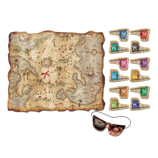 Pirate-themed party game set featuring an aged treasure map, 10 colorful paper pirate hats with skull designs, and a black eye patch with skull and crossbones.