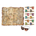 Pirate-themed party game set featuring an aged treasure map, 10 colorful paper pirate hats with skull designs, and a black eye patch with skull and crossbones.