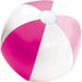 Inflatable beach ball with alternating pink and white panels, featuring a clear plastic air valve at the top center. The surface is glossy and slightly reflective, indicating a smooth vinyl material.