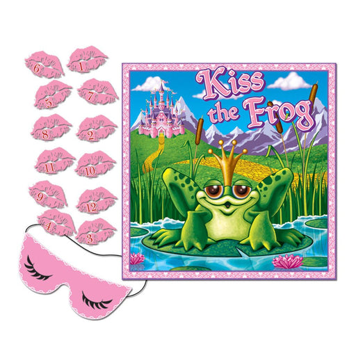 Fairy tale-themed party game featuring a colorful 'Kiss the Frog' poster with a cartoon frog prince, 12 numbered pink lipstick kiss stickers, and a pink sleep mask with closed eyelash design for blindfolding.