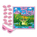 Fairy tale-themed party game featuring a colorful 'Kiss the Frog' poster with a cartoon frog prince, 12 numbered pink lipstick kiss stickers, and a pink sleep mask with closed eyelash design for blindfolding.
