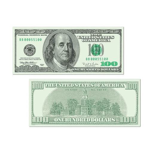 Two sides of a U.S. one hundred dollar bill shown on a white background with a black dotted border. The top image displays the front side, featuring Benjamin Franklin's portrait, green and black printing, and serial number BB00055100. The bottom image shows the reverse side with an engraving of Independence Hall and the words 'One Hundred Dollars' and 'The United States of America.'