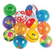 Assortment of twelve small inflatable beach balls in various bright colors and patterns, including smiley faces, hearts, stars, polka dots, multicolor panels, flowers, and patriotic red, white, and blue designs. The balls are arranged closely together against a white background.