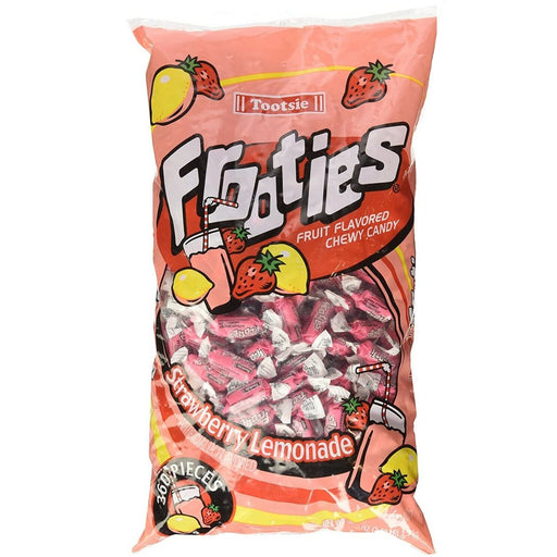 Large bag of Tootsie Frooties Strawberry Lemonade fruit-flavored chewy candy featuring a peach-colored design with illustrated strawberries, lemons, and lemonade glasses – clear window reveals pink and white twist-wrapped candies – labeled '360 pieces' at the bottom, perfect for parties, candy buffets, and bulk treat displays.