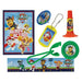 Paw Patrol party favor set including a notebook, ruler, yo-yo, keychain, disc shooter, whistle, and dog tag, each featuring Paw Patrol characters and designs.