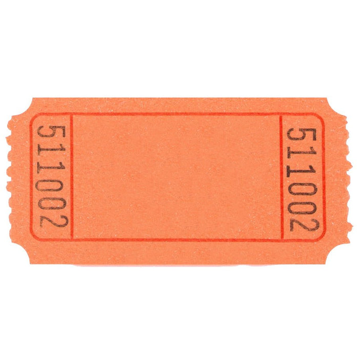 Single orange raffle ticket with a rectangular border and black serial number '511002' printed on both sides, featuring perforated edges and rounded corners on a white background.