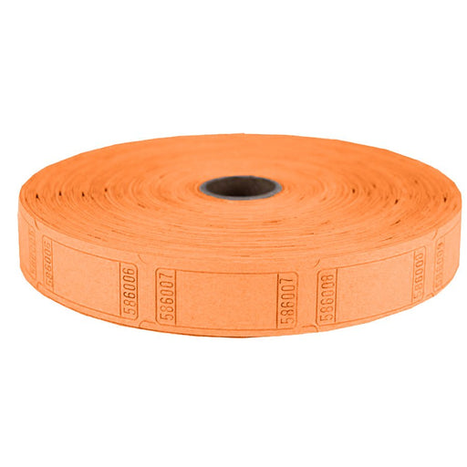 Large roll of orange raffle tickets with red borders and black serial numbers, wound around a cardboard core and partially unwound on a white background.