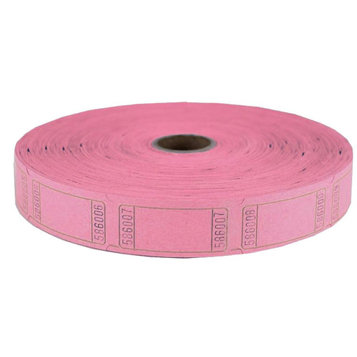 Large roll of pink raffle tickets with sequential numbering, wound around a cardboard core.