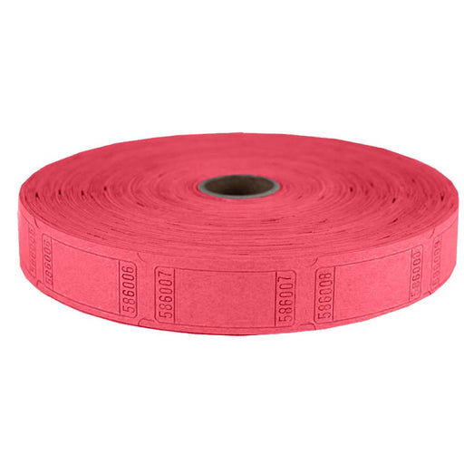 Large roll of red raffle tickets with red borders and black serial numbers, wound around a cardboard core and partially unwound on a white background.
