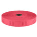 Large roll of red raffle tickets with red borders and black serial numbers, wound around a cardboard core and partially unwound on a white background.