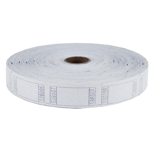 Roll of white raffle tickets with sequential blue numbering printed on each ticket segment.
