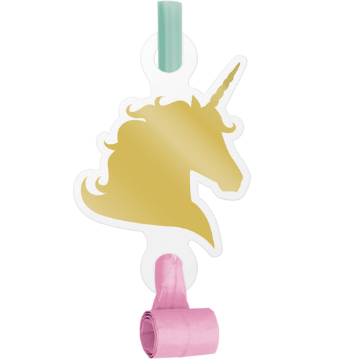 Party blower with a decorative cutout of a gold unicorn silhouette. The blower has a pink rolled paper end and is attached with a green plastic mouthpiece.