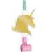 Party blower with a decorative cutout of a gold unicorn silhouette. The blower has a pink rolled paper end and is attached with a green plastic mouthpiece.